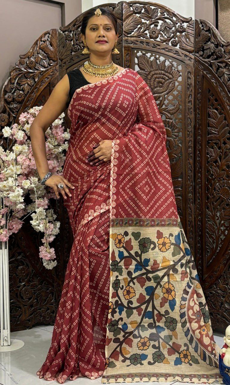 negma soft, flowy Linen silk cotton sarees with all over Bandhej Digital prints